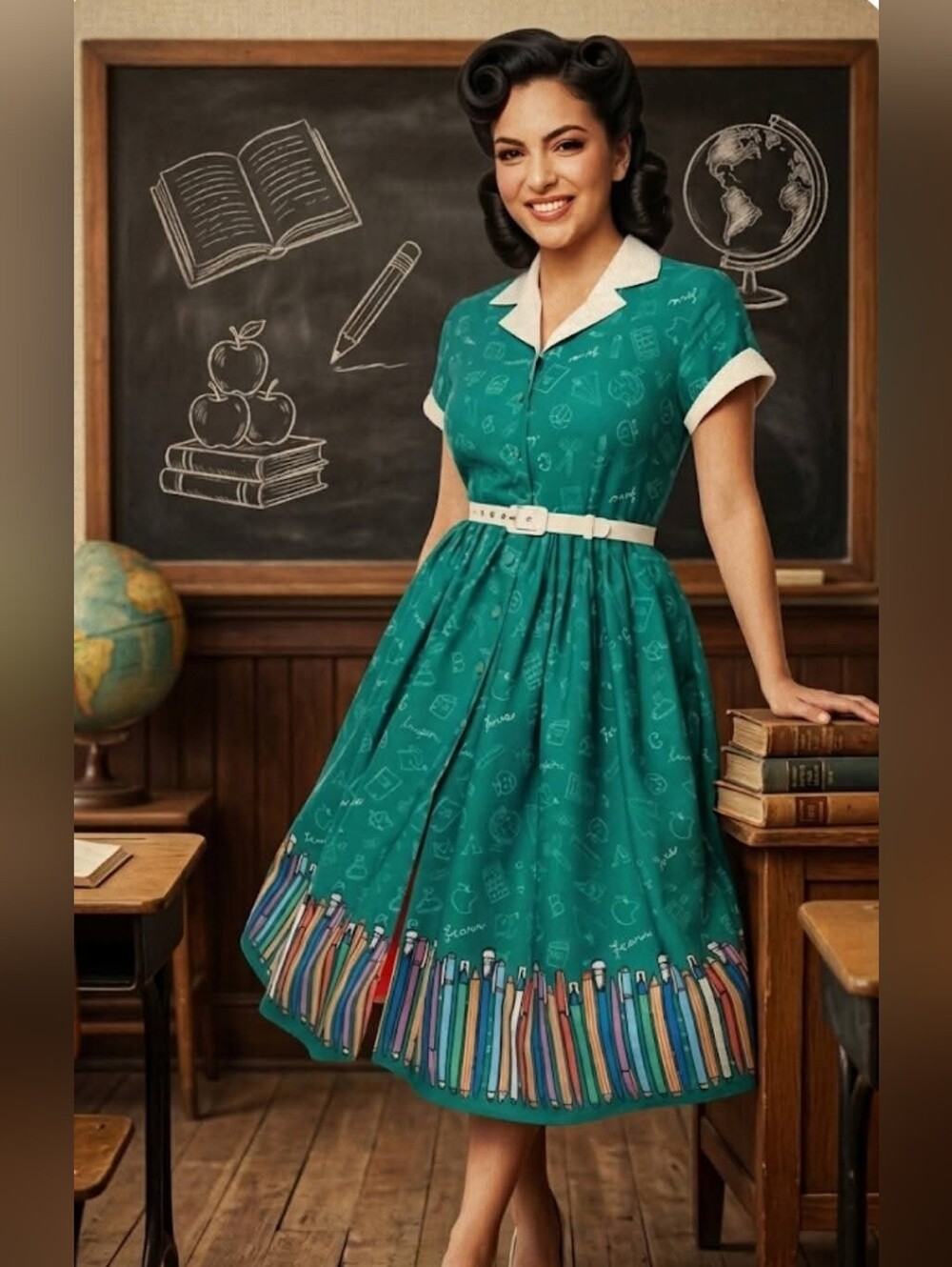 Vintage-Inspired Teal Schoolgirl Print Dress with Pencil Border
